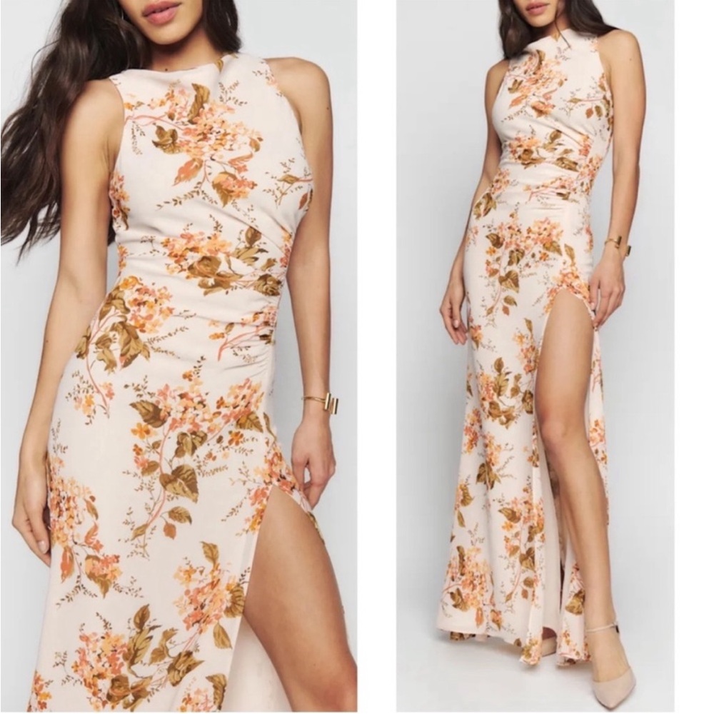 NWT Reformation Senna Floral Ruched High Neck High Slit Bella Maxi Dress Sz 14